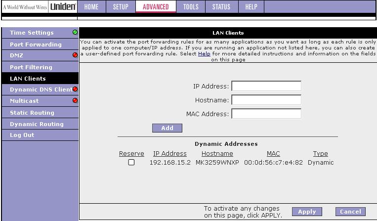 LAN Clients Use the LAN Clients configuration screen to view the IP and MAC addresses of all the computers on your local network.