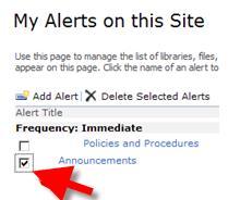 This opens up the same alert screen used to create list alerts described in Create an Alert for a List item.