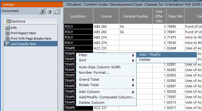 6) Filter the report by selecting different values for the different columns.