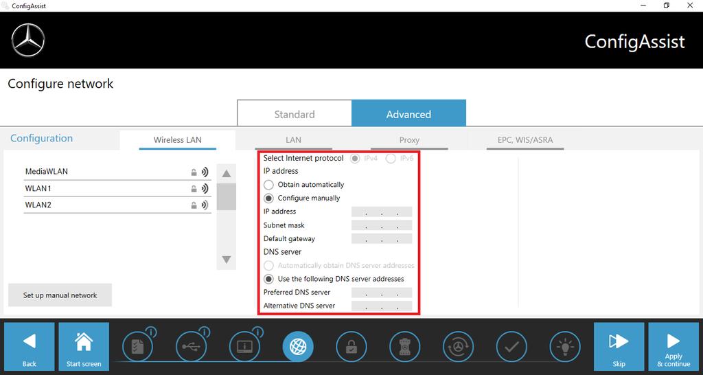 3.2.1. Wireless LAN First select your network. In the middle of the screen, you can manually configure the IP address and DNS server.