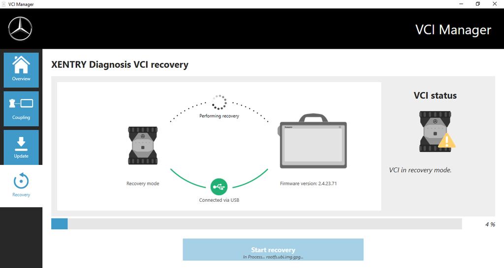 Please ensure that the connection between XENTRY Diagnosis Pad and XENTRY Diagnosis VCI is not interrupted during recovery.