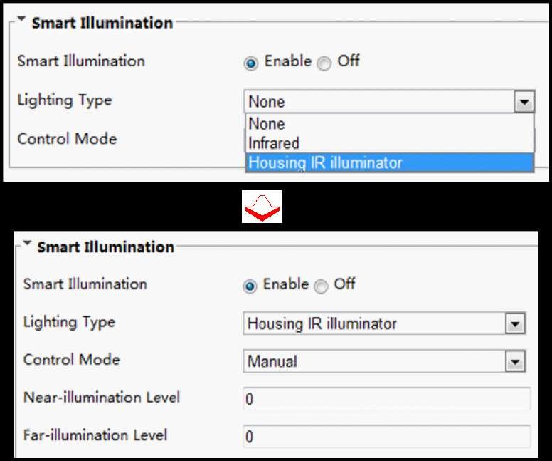 The Web interface of certain network camera model is displayed as follows. Follow steps below to configure the illumination parameters. 2.