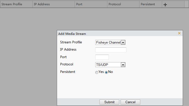 4. Click, select a stream type, and then set the IP address and port number of the unicast or multicast group for the decoding device that receives audio and video streams from the camera.