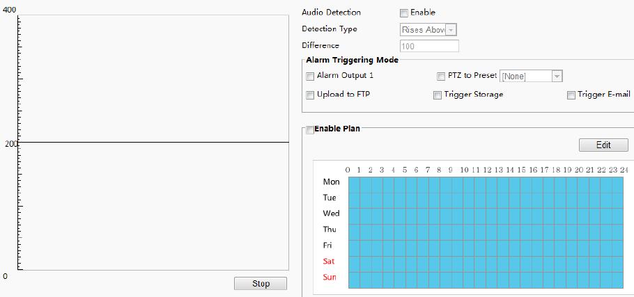 2. Select Enable for Audio Detection, select a detection type and set the difference or threshold. To disable audio detection, clear the Enable check box.