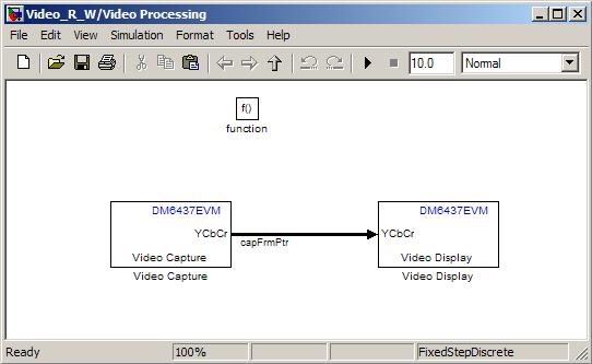 OpenStax-CNX module: m23999 12 12. Connect the blocks as shown in Figure 14. Figure 14: Capturing and Displaying Video 13. Generate code & create project. Double-click the " Generate code &.." block.