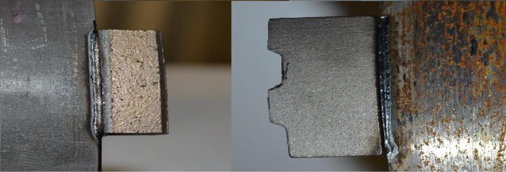 tiež technológiou laserového zvárania. Porovnanie je na obr. 39 kde vľavo je detail zvaru konvenčného vrtáku a vpravo experimentálne vytvoreného.