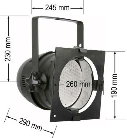 Product Specification Model: Showtec LED Par 64 Voltage: 240V-50Hz (CE) Power: 15W Weight: 2,12 kg Minimum distance: Minimum distance from