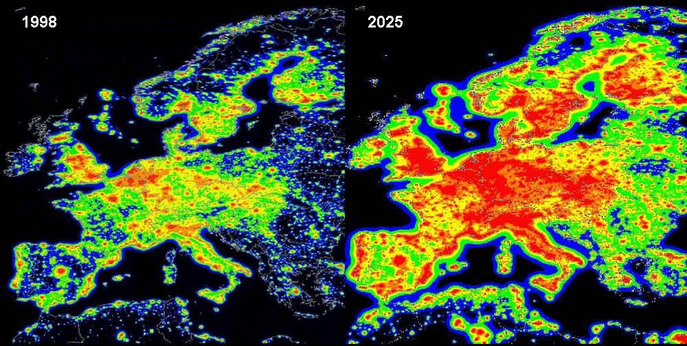 oblohy v Európe s rozlíšením lepším ako 3 km a porovnával aktuálne hodnoty (rok 1998) s dostupnými údajmi z roku 1971 a vypracoval predpoveď pre rok 2025.