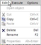 6.1 Project view user interface S7-PLCSIM edit menu commands The Edit functions are as follows: Menu text Open object Description This menu item is enabled when an object that can be opened has