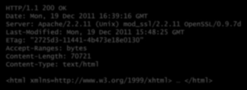 Example HTTP Response message HTTP RESPONSE HTTP/1.1 200 OK Date: Mon, 19 