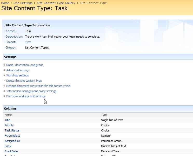 FILE TYPES AND SIZE LIMIT SETTINGS PAGE CONTENT TYPE LEVEL Same settings shown above for a list/library can be applied to a site content type.