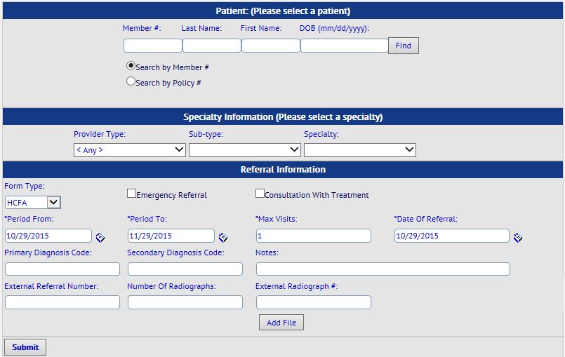 View and Submit Referrals 1. View Referrals 1. Select the Vendor s Referrals tab on the Control Panel 2. You may search for a referral by date, status, form type, or by member number. 3.