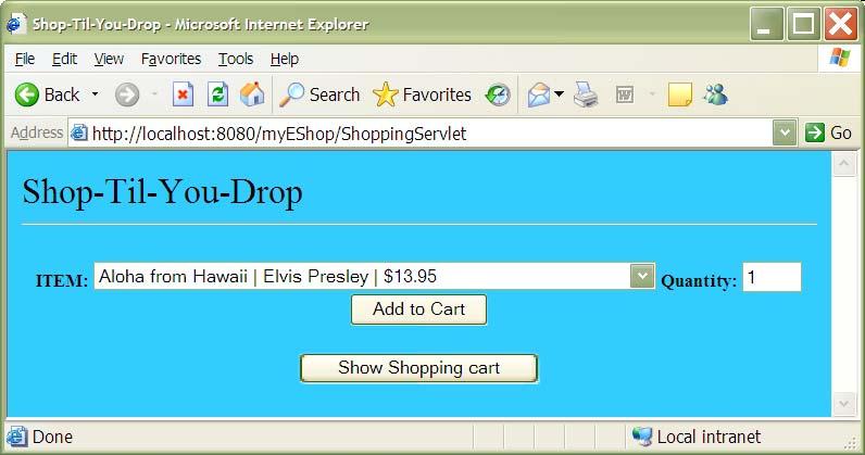 Example: the myeshop application See the following files for the myeshop web application: index.html, EShop.jsp, Cart.jsp, Checkout.jsp, error.html, WEB-INF\src\kam\shopping\Item.