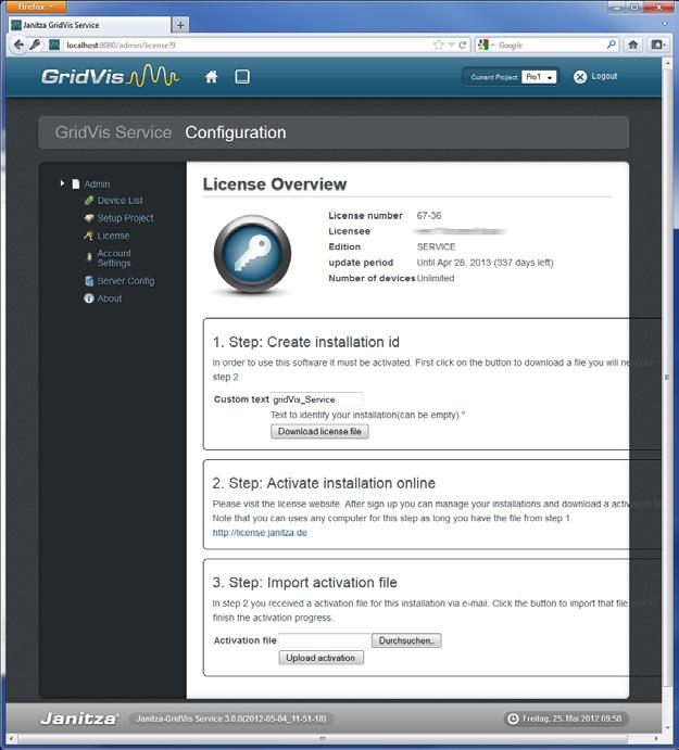 Activate Service Edition The installation of the GridVis Service software is activated through a wizard by selecting a request and activation file within the License overview.