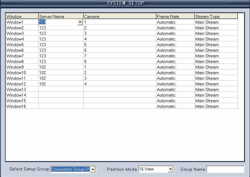 Choose a group from drop-down list Select Setup Group. There are 18 groups. In every group, you can set 64 connections.