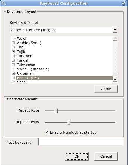 Keyboard The keyboard applet allows you to select the keyboard model and country layout, as well as test keystroke output in the