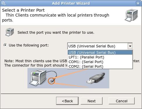 Add Printer Wizard - Local Printer If installing a local printer attached to the thin client keep the radio button on local