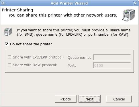 Now choose if you want to share this printer or not, either using LPD/LDR or with the RAW
