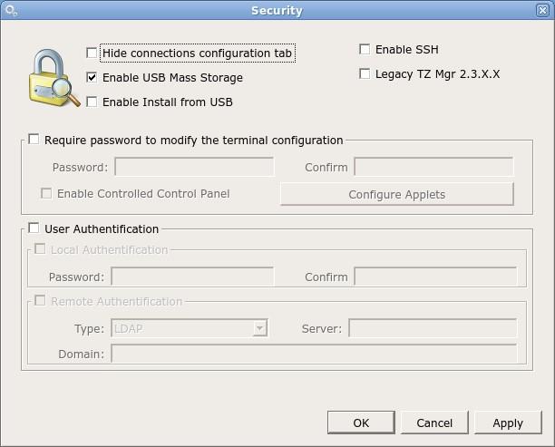 Security The Security applet allows administrators to hide the configuration tab to prevent users from adding additional connections, Enable USB Mass Storage for thumb drives or external USB drive,