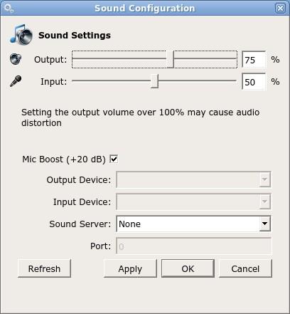 Sound Configuration The Sound window allows you to control the speaker (Output:) and microphone (Input:) volumes and tells what Audio device is being used.