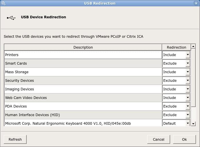 USB Redirection USB Device Redirection for VMware, Citrix, and RDP may be controlled here. Options are Default, Include or Exclude.