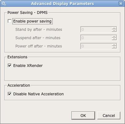 Display - Advanced Tab Clicking the Advanced button will open the window with options to enable Power Saving-DPMS settings. Here you may configure the timers for each desired instance.