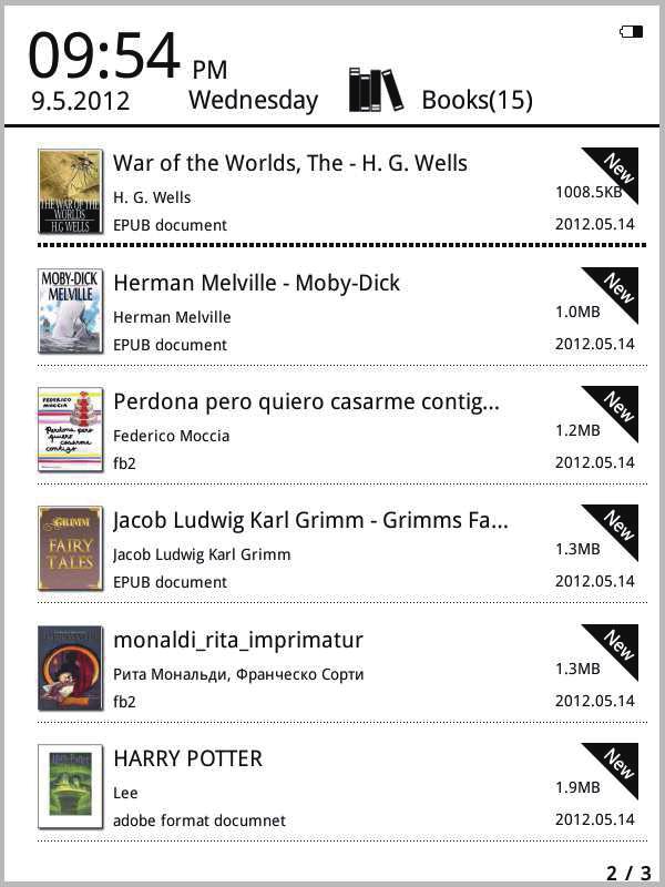 Shelf view shows book covers and list view shows small book cover and details like display book file type, size and date. Please that book cover will only be shown for PDF, EPUB and FB2 files.