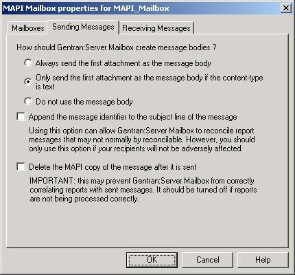MAPI Mailbox Properties - Sending Messages Tab This illustration shows an example of the Sending Messages tab of the MAPI Mailbox dialog box.