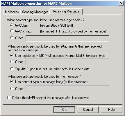 MAPI Mailbox Properties - Receiving Messages tab This illustration shows an example of the Receiving Messages tab of the MAPI Mailbox dialog box.