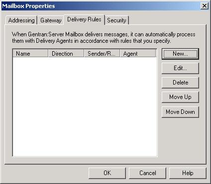Mailbox Properties Dialog Box - Delivery Rules Tab The following shows an example of the Delivery Rules tab of the Mailbox Properties dialog box.
