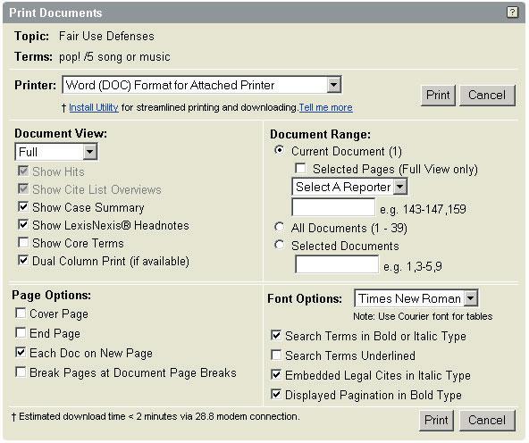 Delivering Documents Printing to a dedicated LexisNexis printer or to an attached printer These options are displayed in the upper right-hand corner of each displayed document.