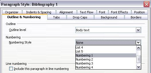Figure 32: Applying a numbering style to a paragraph style Now when you generate the bibliography, the list will look something like the one shown below after removing elements from the structure