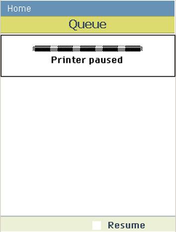 The machine will finish printing the current page and will then pause. Remarks In the 'QUEUE' screen use the lower right soft key to 'Resume' the printer.