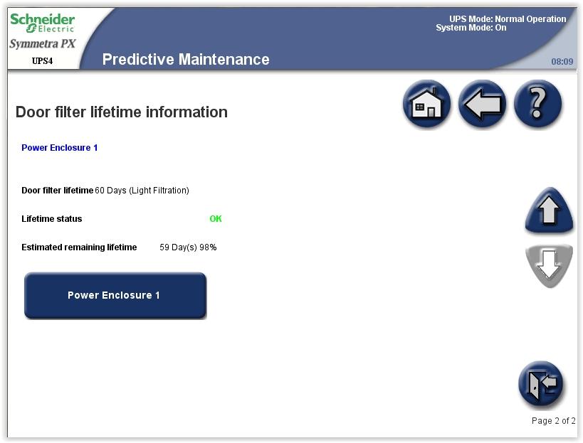 Maintenance 250/500 kw 400/480 V 4. Tap arrow down and go to the next Predictive Maintenance screen. This screen shows the estimated remaining lifetime of the door filters.