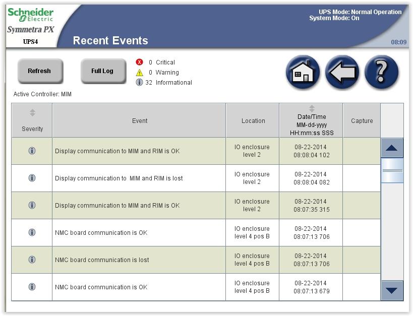 Tap Active Event Log to view the records from the intelligence module in control, or tap the RIM Event Log to view