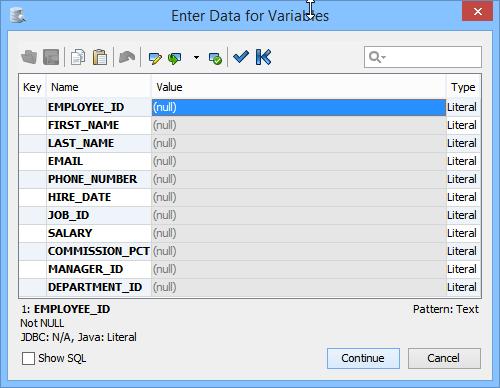 Using variables with no data type defined shows these as Literal. This means that the specified value will replace the variable as-is in the SQL statement.