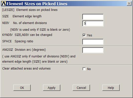 Example - Meshing Preprocessor > Meshing > Size Cntrls > ManualSize > Lines > Picked Lines Select/Pick Lines to