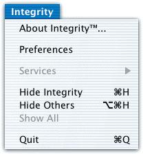 Describing the Integrity Pull-Down Menus: The Integrity Application Menu: The Integrity Application Menu, located at the top-left of your monitor, provides three main selectable items: About