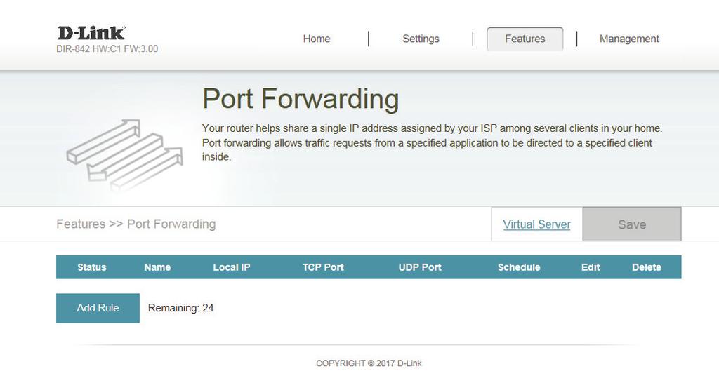 Section 4 - Configuration Port Forwarding Port forwarding allows you to specify a port or range of ports to open for specific devices on the network.