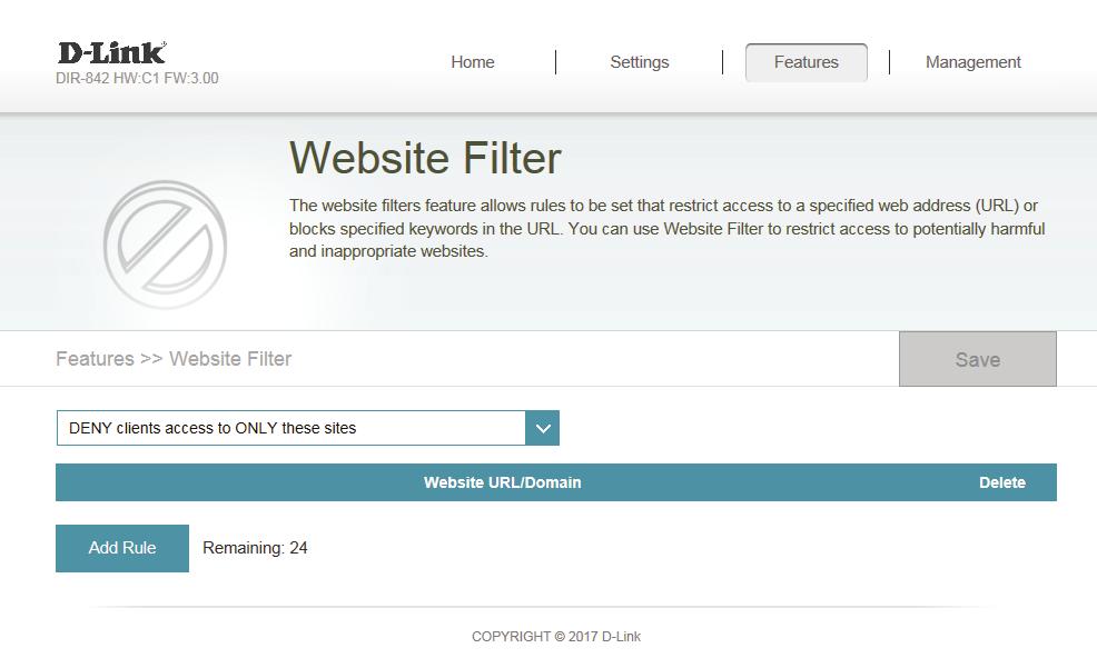 Section 4 - Configuration Website Filter The website filter settings allow you to block access to certain web sites.