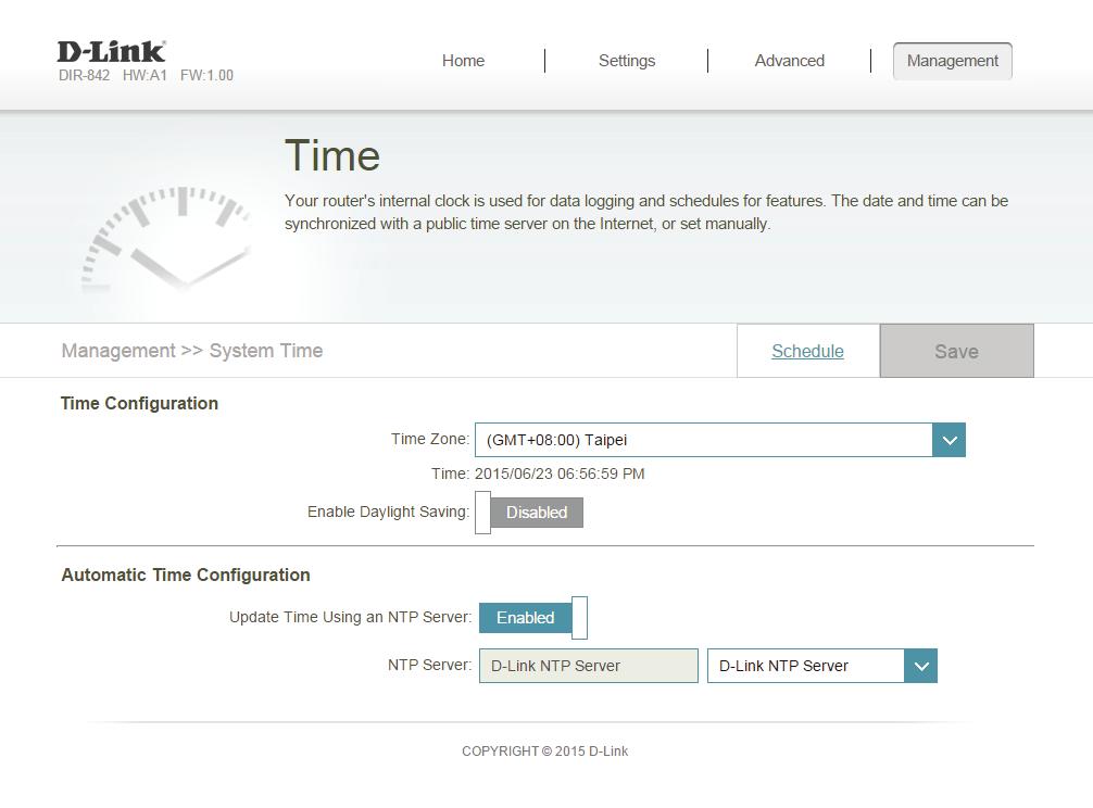 Section 4 - Configuration Management Time & Schedule Time The Time page allows you to configure, update, and maintain the correct time on the internal system clock.