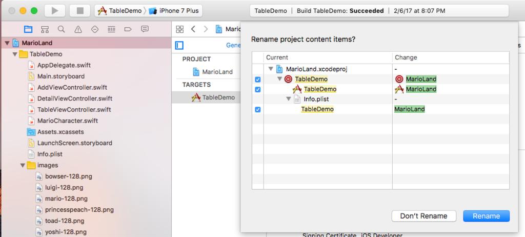 Renaming Xcode Project Step 1: Change project name in upper left of file