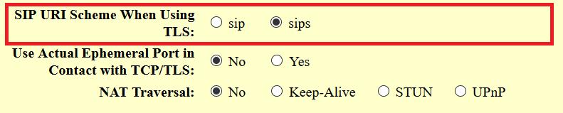Functionality Specifies if sip or sips will be used when TLS/TCP is selected for SIP Transport. The default setting is sips. New P Values P2329 SIP URI Scheme When Using TLS.