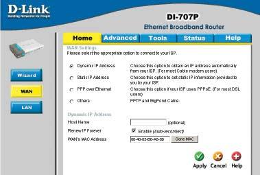 Using the Configuration Menu Home > WAN > Dynamic IP Address Most Cable modem users will select this option to obtain an IP Address automatically from their ISP (Internet Service Provider).