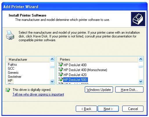 Networking Basics Adding a local printer Select and highlight the correct driver for your printer.