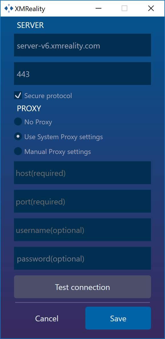 Note that these settings should not be modified unless your organization uses an internally hosted server, or if you have been instructed by XMReality to connect to a different server than the
