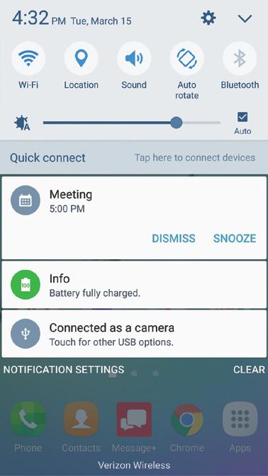 Notification Panel Notification icons on the Status bar display calendar events, device status, and more. For details, open the Notification panel.