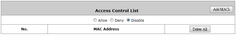 There is a MAC Access Control section where the administrator can specify up to 10 MAC addresses which can be allowed, denied to access this service zone wirelessly.