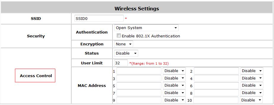 Service Zone Settings Access Control for Service Zone All managed APs (VAP) that belong to this service zone have same ACL table.