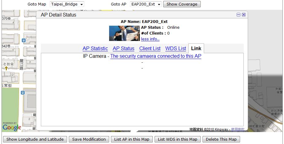 AP status, Client List and WDS List information